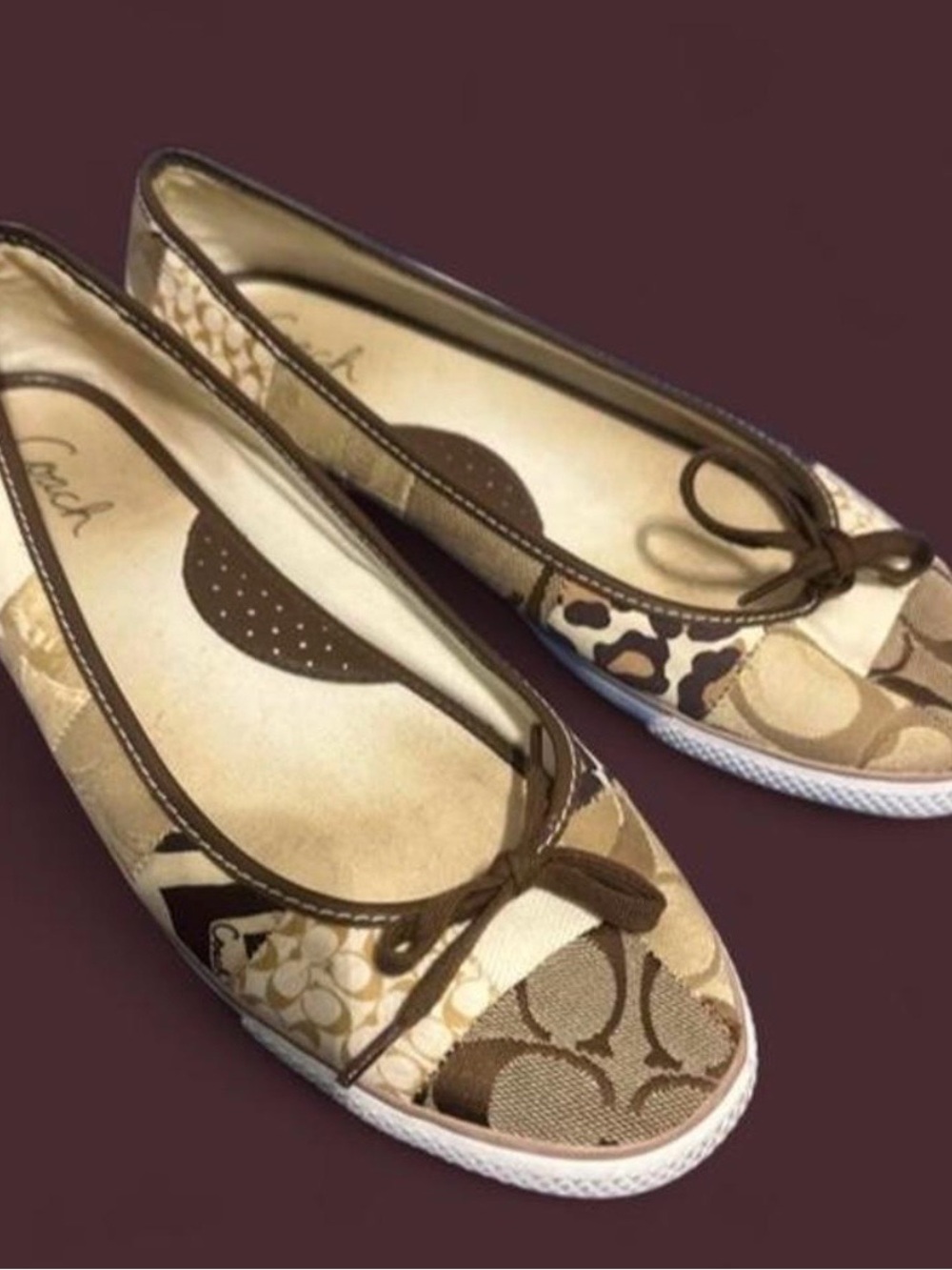 Y2K Coach Signature Patchwork Canvas Ballet Flats in Brown and Cream